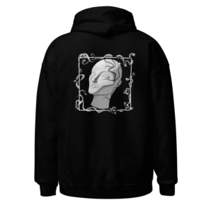Sweat à capuche Loakap Silver dimension visage gris chrome noir sombre avec motif imprimé au dos, modèle de la collection de sweats imprimés Loakap