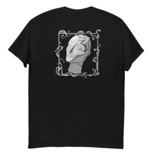 T-shirt Loakap Silver Dimension visage gris chrome noir avec motif imprimé au dos, modèle de la collection de t-shirts imprimés Loakap