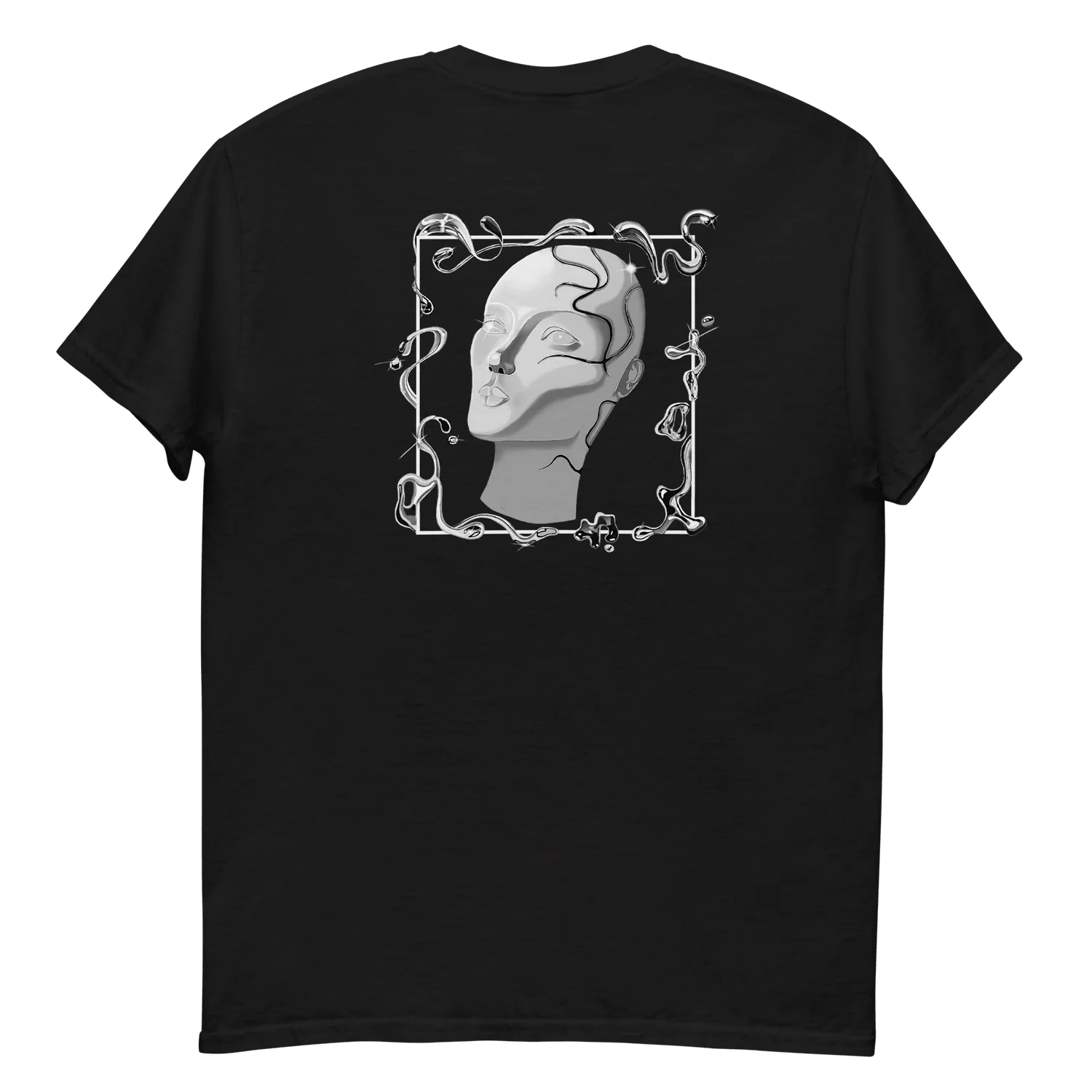 T-shirt Loakap Silver Dimension visage gris chrome noir avec motif imprimé au dos, modèle de la collection de t-shirts imprimés Loakap