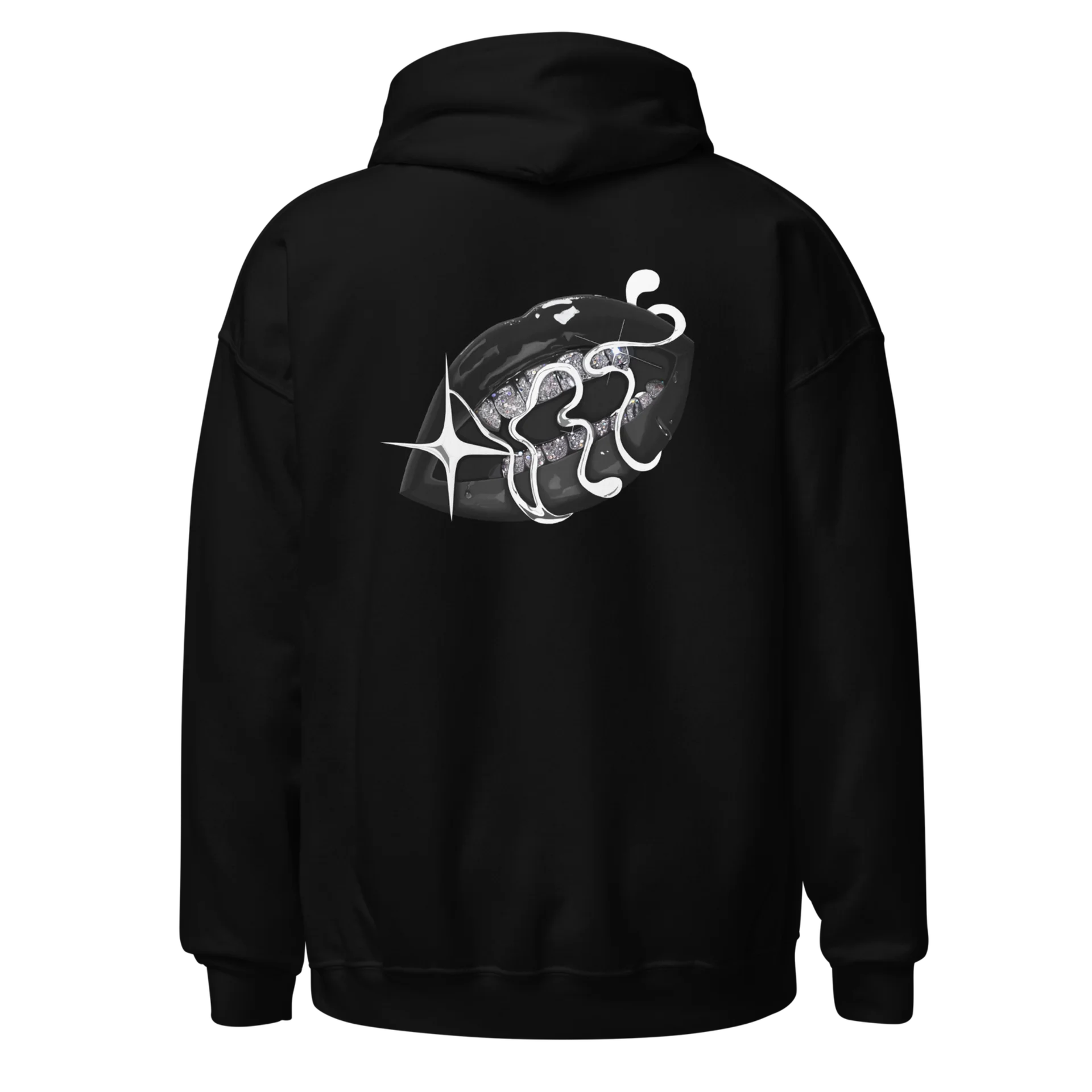 Sweat à capuche Loakap chromart-bouche-brillance noir avec motif imprimé au dos, modèle de la collection de sweats imprimés Loakap