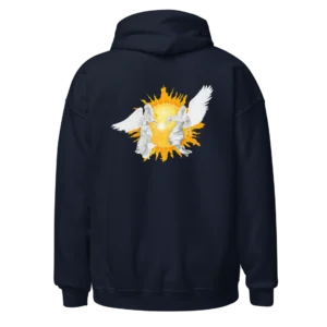 Sweat à capuche Loakap Heaven Soleil et anges bleu marine avec motif imprimé au dos, modèle de la collection de sweats imprimés Loakap