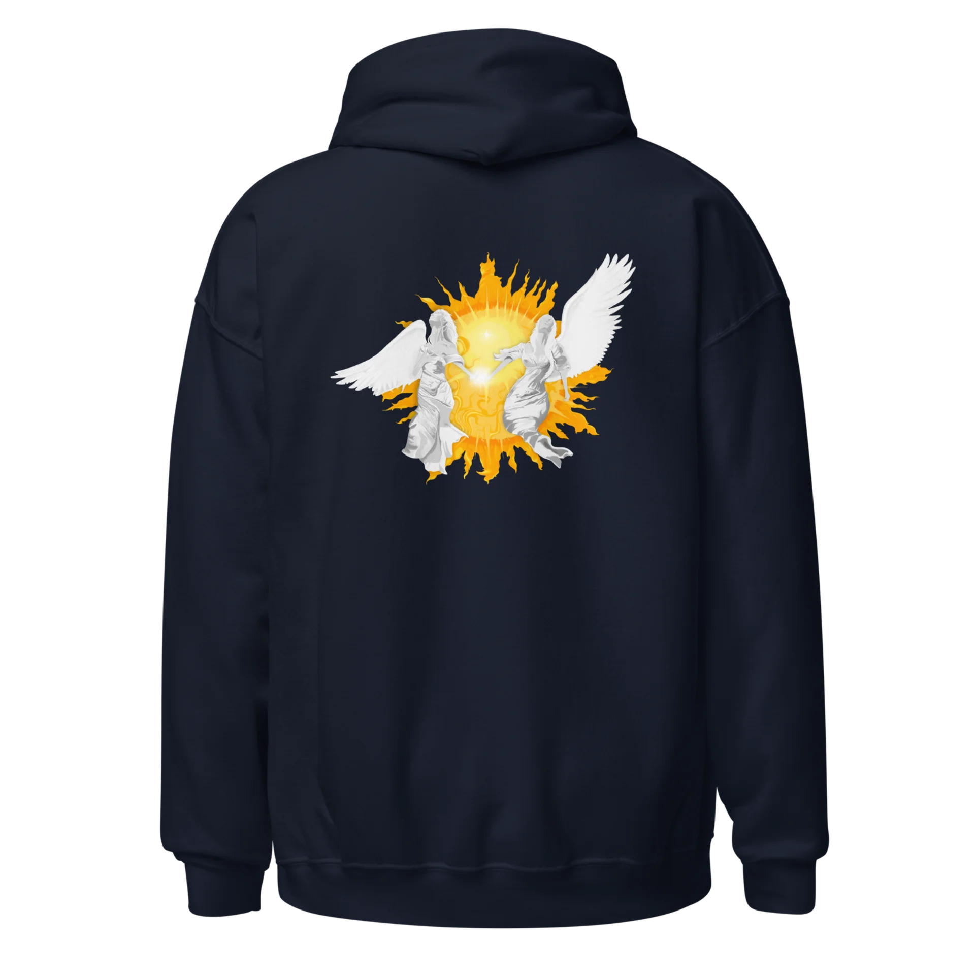 HEAVEN-hoodie-navy-back Sweat à capuche Loakap Heaven Soleil et anges bleu marine avec motif imprimé au dos, modèle de la collection de sweats imprimés Loakap