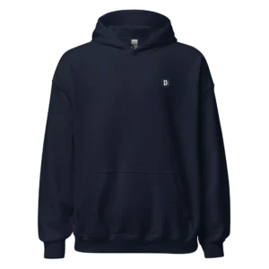 HEAVEN-hoodie-navy-front Sweat à capuche Loakap Heaven bleu marine avec logo imprimé à l’avant, modèle de la collection de sweats imprimés Loakap