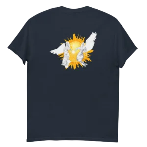 T-shirt Loakap Heaven Soleil et anges bleu marine avec motif imprimé au dos, modèle de la collection de t-shirts imprimés Loakap