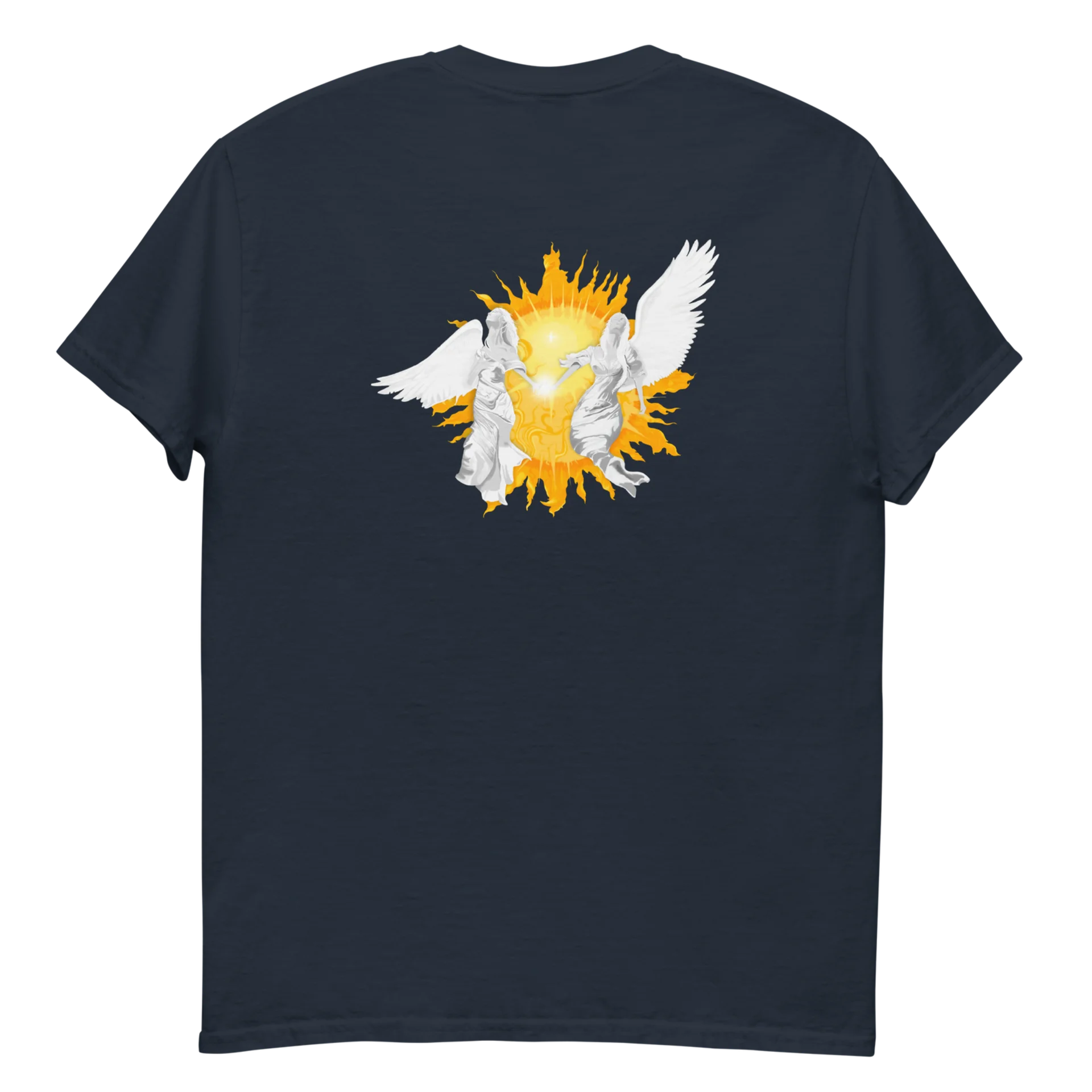 T-shirt Loakap Heaven Soleil et anges bleu marine avec motif imprimé au dos, modèle de la collection de t-shirts imprimés Loakap