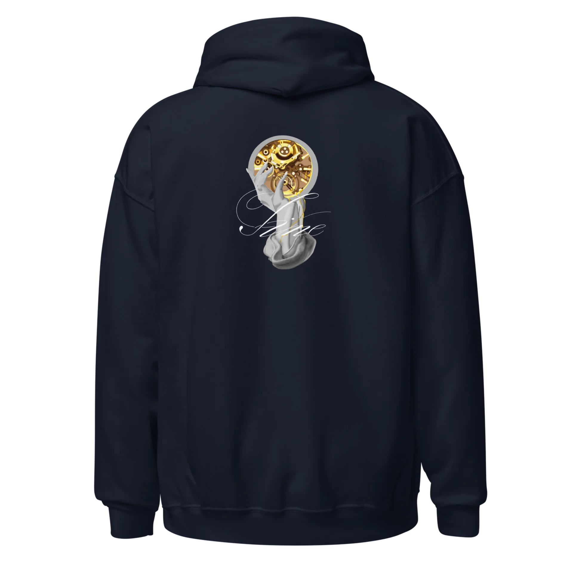 TIME-hoodie-navy-back Sweat à capuche Loakap Time main horloge bleu marine avec motif imprimé au dos, modèle de la collection de sweats imprimés Loakap