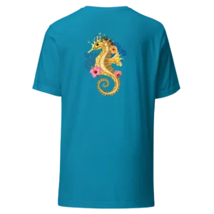 T-shirt Loakap coral-hippocampe-brillance turquoise avec motif imprimé au dos, modèle de la collection de t-shirt imprimés Loakap