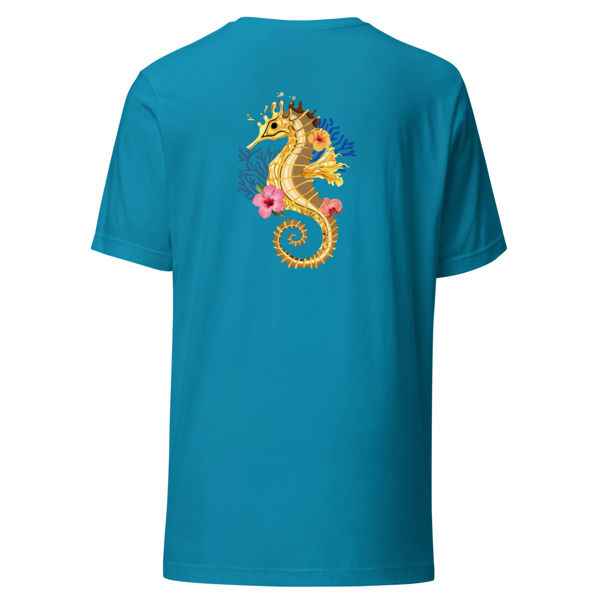 T-shirt Loakap coral-hippocampe-brillance turquoise avec motif imprimé au dos, modèle de la collection de t-shirt imprimés Loakap