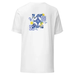 T-shirt Loakap azulemon-azulejos-citron blanc avec motif imprimé au dos, modèle de la collection de t-shirt imprimés Loakap