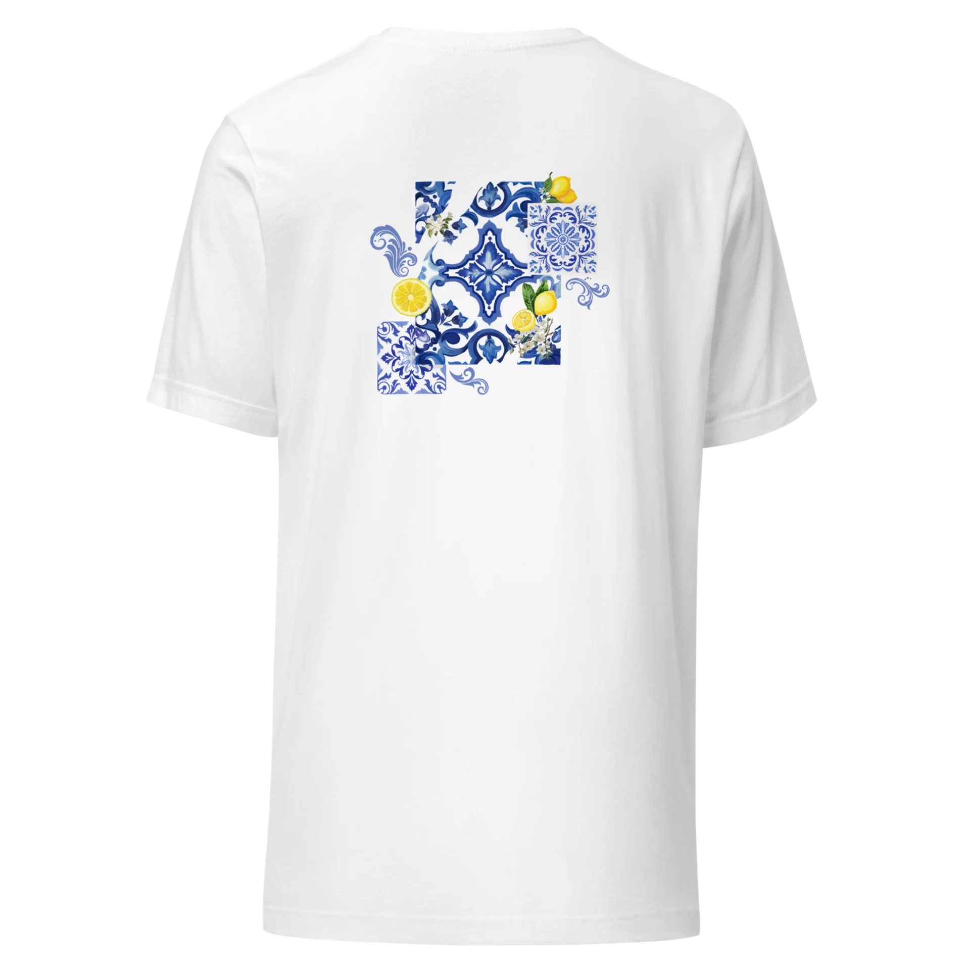 T-shirt Loakap azulemon-azulejos-citron blanc avec motif imprimé au dos, modèle de la collection de t-shirt imprimés Loakap